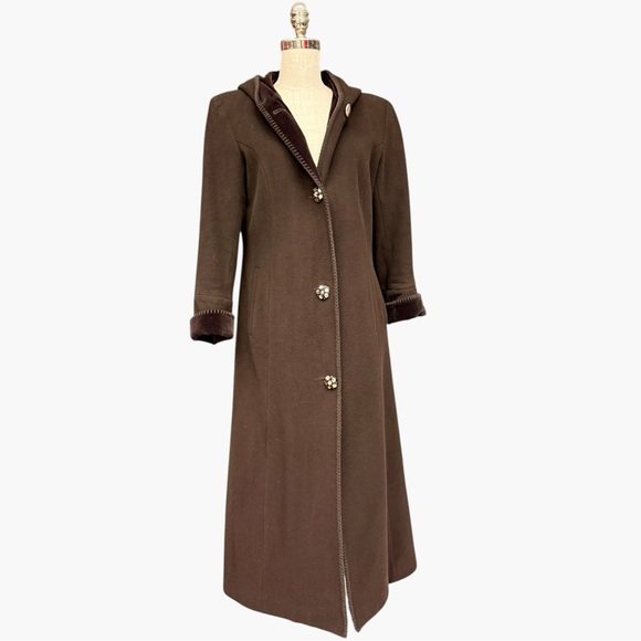 Vintage Albert Nipon Dark Brown Hooded Wool Long Winter Coat Velvet Trim Size 10 - Picture 4 of 13